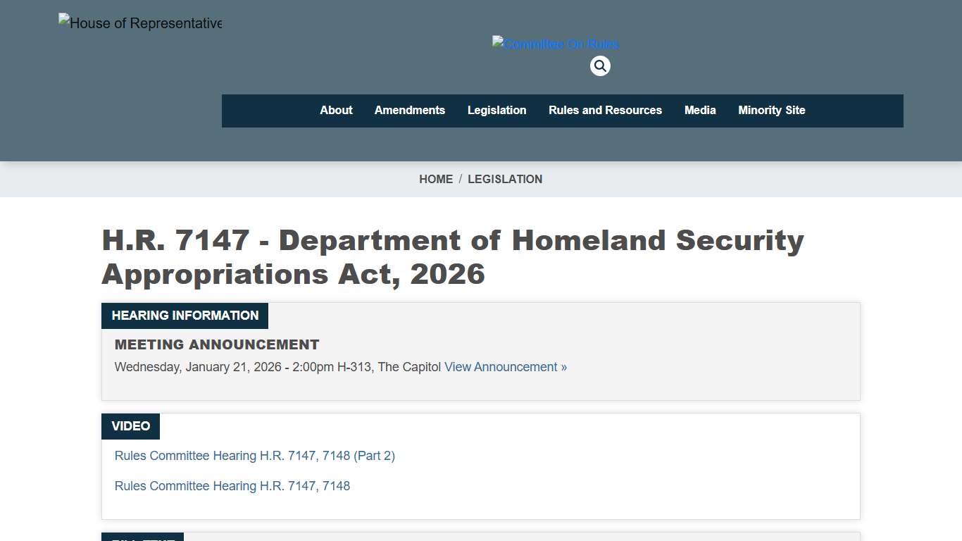 H.R. 7147- Department of Homeland Security Appropriations Act, 2026 House of Representatives Committee on Rules