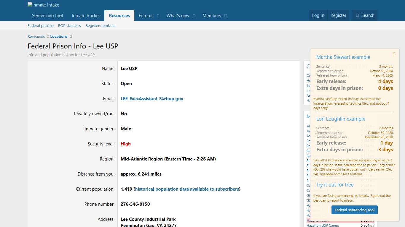 Federal Prison Info - Lee USP Inmate Intake